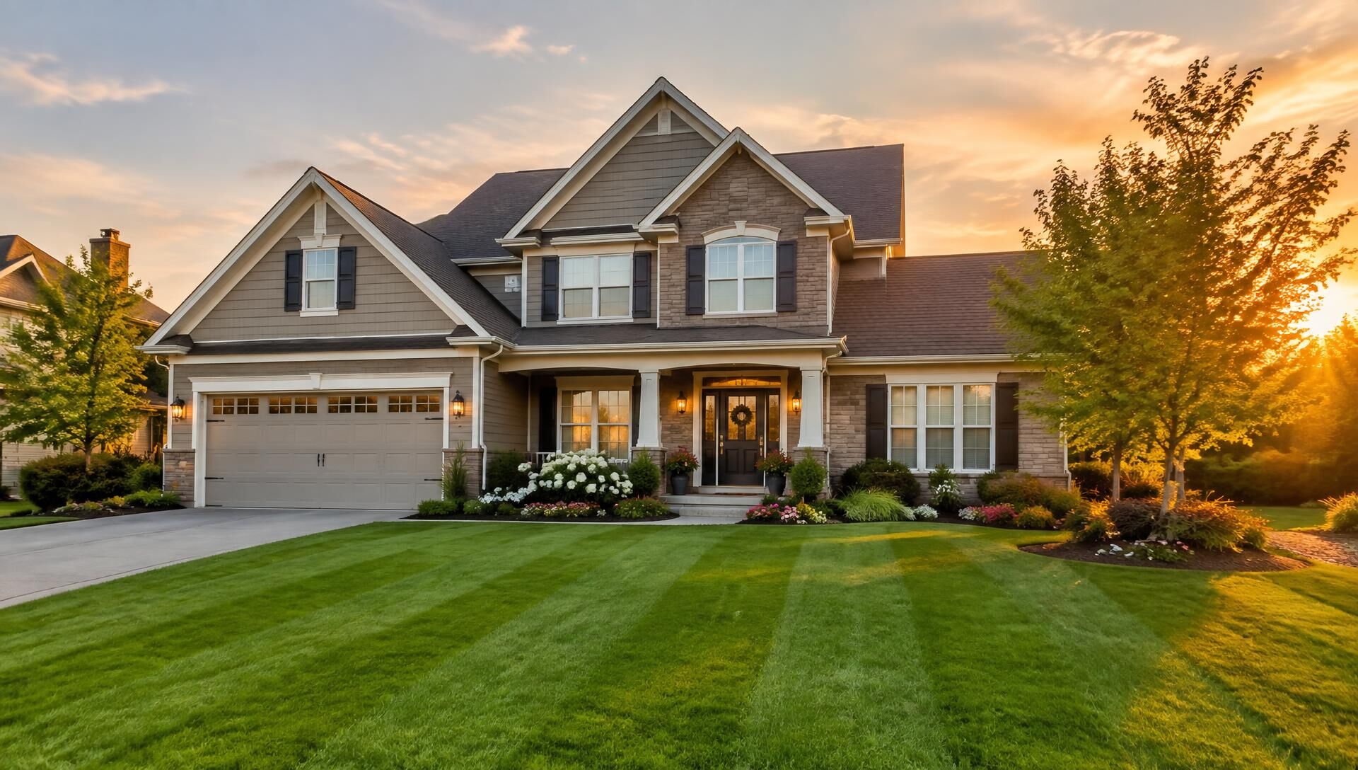 Illustrative photo of a beautiful home with a manicured lawn and landscaping at sunset